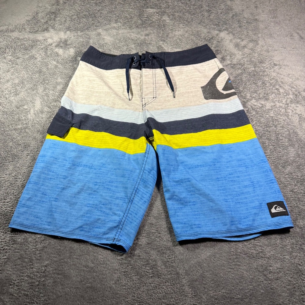Quiksilver Mens Striped Board Shorts Blue Yellow Size 30 Logo Surf Swim Trunks